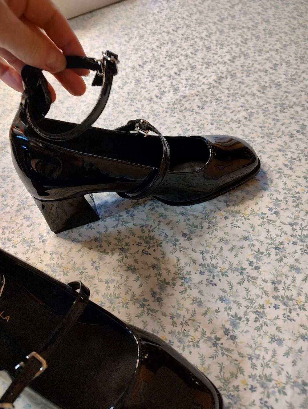 Newbella Women's Black Vegan Patent Leather Mary Jane Ankle Strap Heels 6